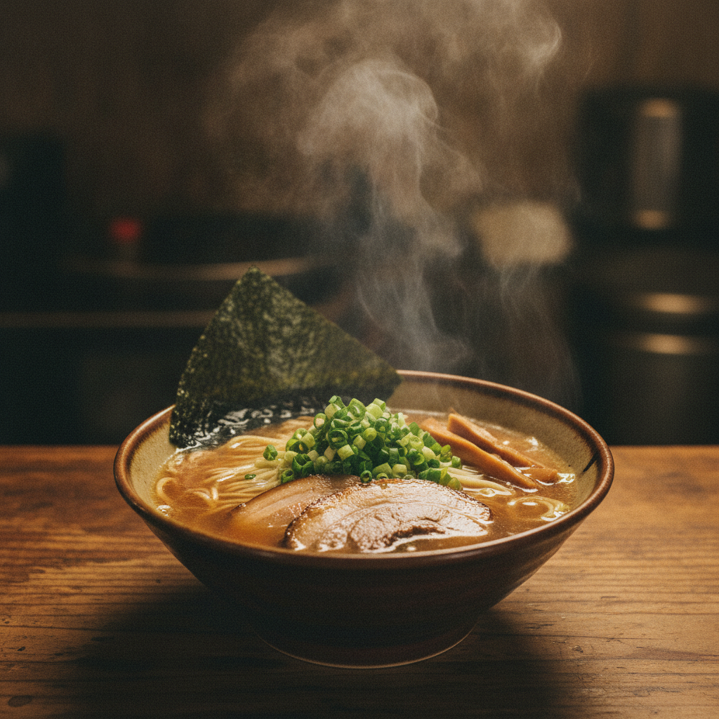 湯気の立ちのぼる幸軒の醤油ラーメン